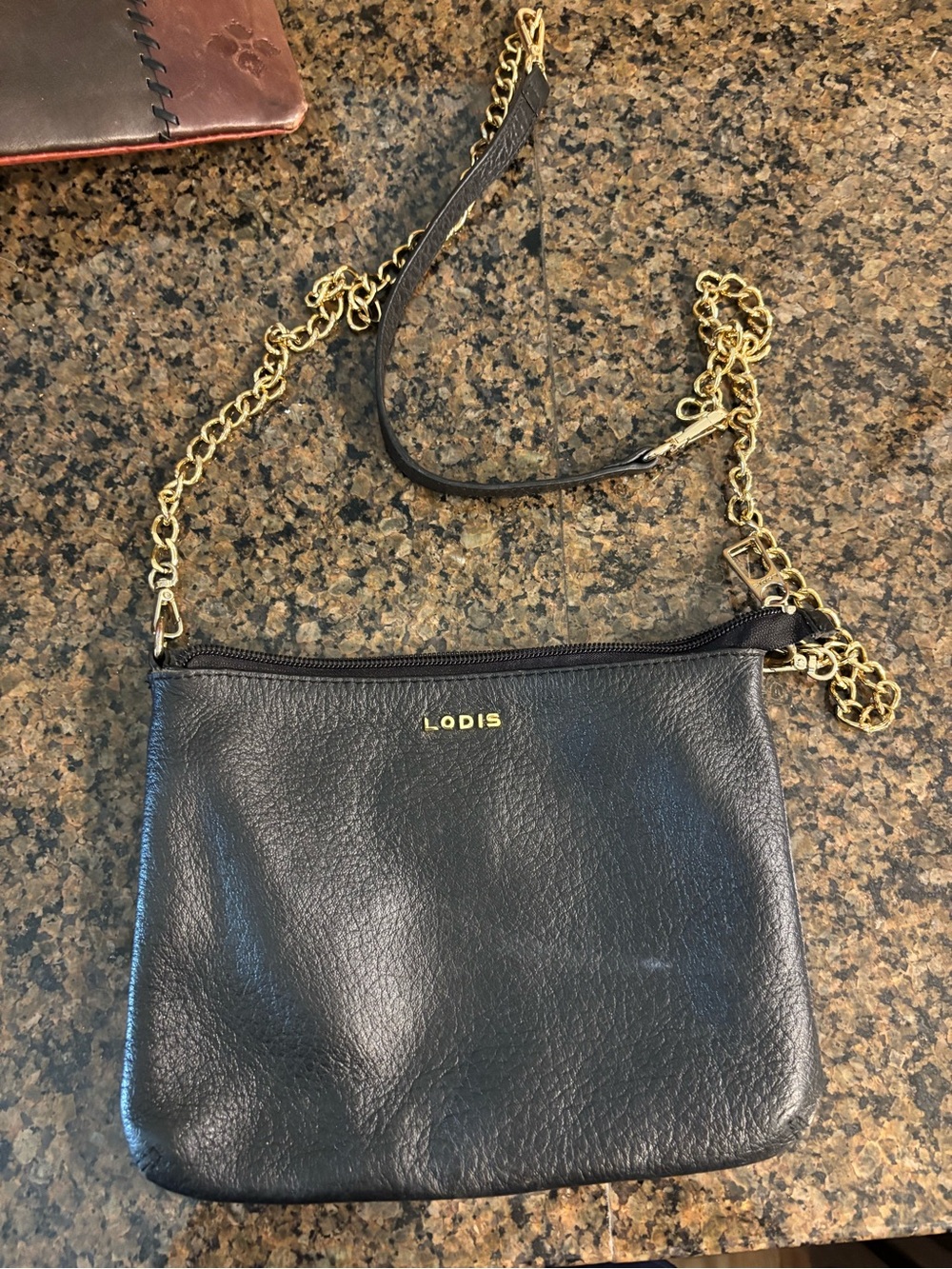 Lodis Black Leather Crossbody with Gold Chain Accent